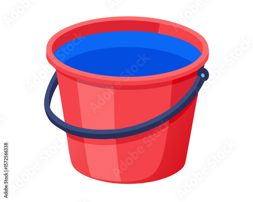Red Plastic Bucket Filled with Blue Water Vector Illustration