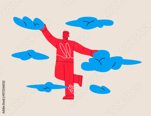 Man takes clouds from sky. Colorful vector illustration