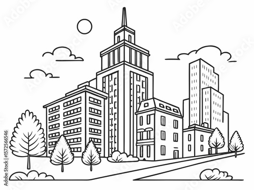 Panoramic Cityscape Line Art Illustration Urban Skyline Drawing