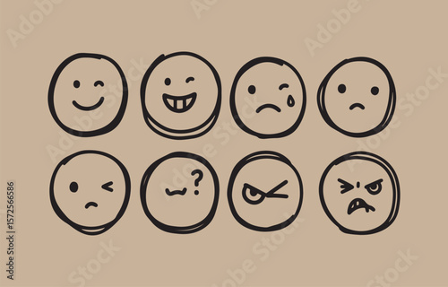 Collection of hand drawn emoji faces showing various emotions like happiness sadness anger and confusion