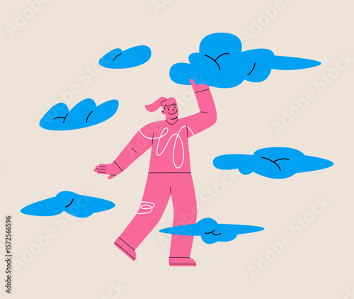 Woman takes clouds from sky. Colorful vector illustration