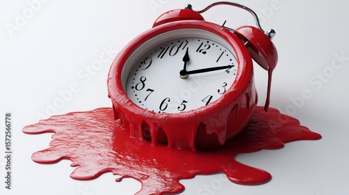 Red alarm clock melting on white background symbolizing lost time