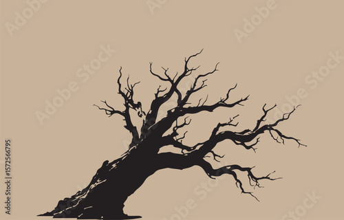 Silhouette of a gnarled dead tree with twisted branches against a muted tan background