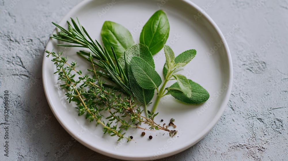 Flat lay of soft herbs laid over white dish, minimal styling with texture-rich background Flat lay of soft herbs laid over white dish, minimal styling with texture-rich background