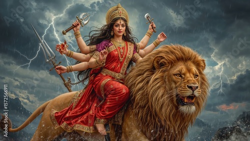 Hindu goddess Durga lion warrior mythology divine feminine power spiritual religious art deity strength
