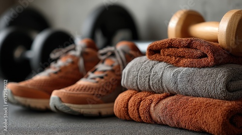 Shoes beside soft towel and minimal gym tools 