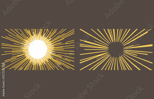 Abstract burst of yellow lines radiating from a white circle against a dark brown background