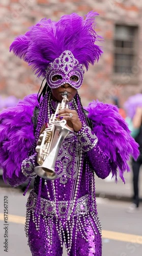 Person dressed in elaborate purple Mardi Gras costume plays silver trumpet during street parade. Outfit features feathers, sequins, beads, and mask, symbolizing celebration and tradition
