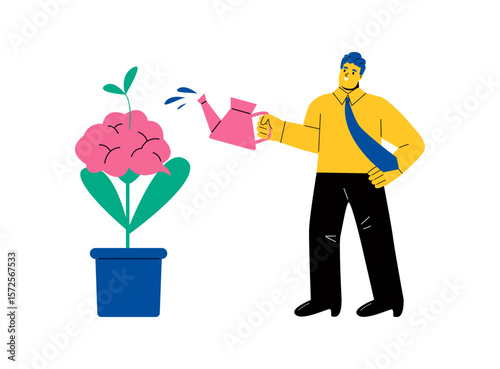 Develops own intelligence concept. Business man watering plants growing on human brain. Flat vector illustration isolated on white background