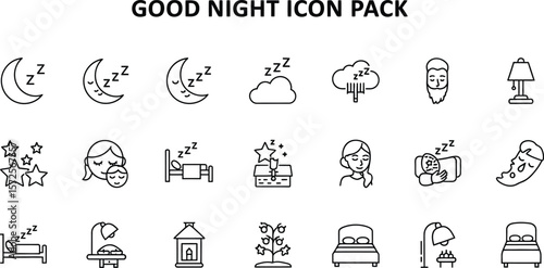 Good night icon pack featuring sleep related symbols in outline style