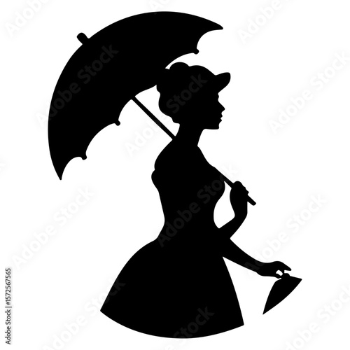 Elegant geisha in traditional kimono holding an umbrella, a beautiful black silhouette against a backdrop of falling rain and delicate flowers