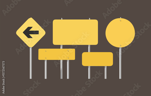 Collection of blank yellow road signs with a left arrow warning sign on a dark background