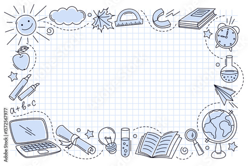 Back to school doodle elements. Poster with hand drawn school supplies  and copyspace. Education, learning, knowledge concept. Vector illustration