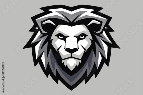 Majestic monochrome lion head features stylized mane and piercing eyes over a gray backdrop