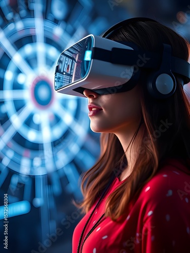 Woman Wearing Virtual Reality Headset for Metaverse Experience or Immersive Gaming Advertisements
