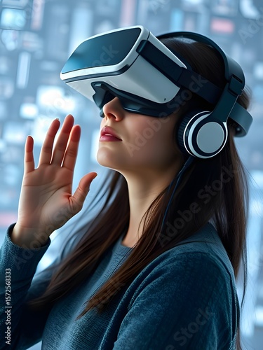 Woman Wearing Virtual Reality Headset for Metaverse Experience or Immersive Gaming Advertisements