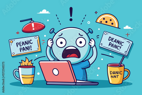 A cartoon character overwhelmed with anxiety and panic while working on a laptop depicting stress and problems.