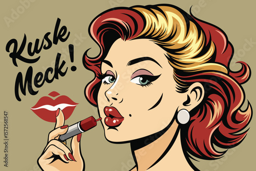 A glamorous woman in a vintage pop art style applies lipstick to her plump lips, adding to her aesthetic