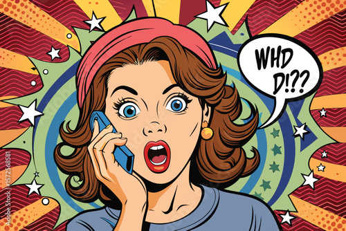 A shocked woman in a retro pop art style reacts to a phone call with utter disbelief and questioning