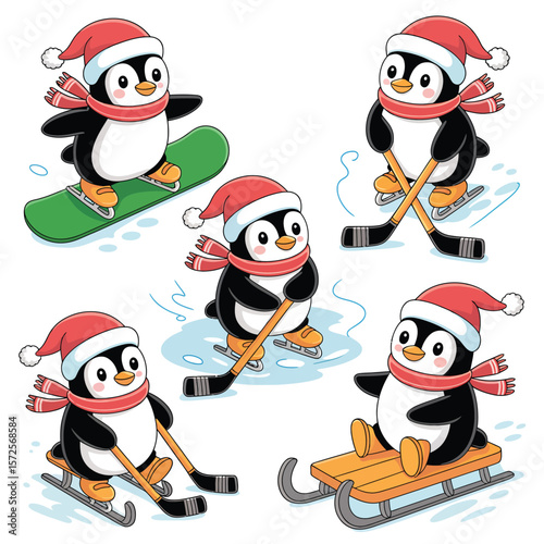 Cute Penguins Playing Winter Sports in Santa Hats
