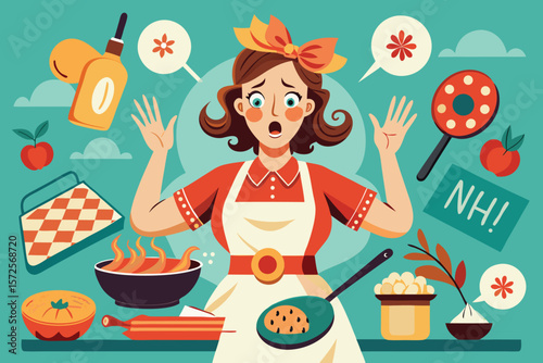 A vintage pop art illustration depicts a surprised woman surrounded by cooking ingredients creating a vibrant and whimsical kitchen scene