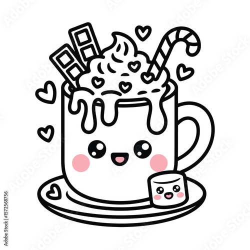 Cute Cartoon Hot Chocolate with Marshmallow