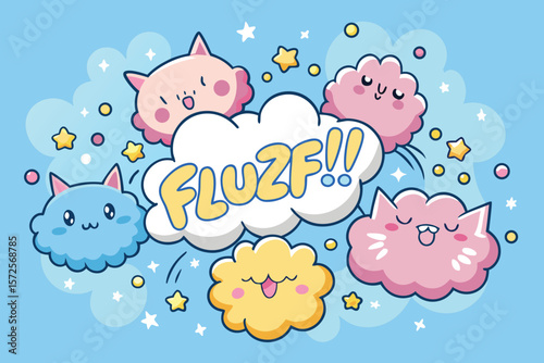 Adorable fluff cat cartoon illustration with pop art aesthetics and stars on light blue background design elements