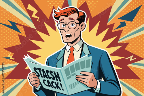 Astonished businessman reads the newspaper news in a dynamic pop art inspired graphic design
