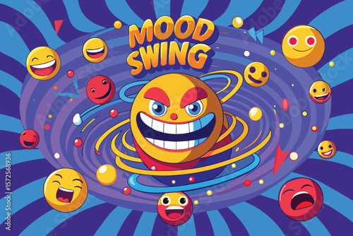 Colorful illustration of mood swing featuring smiling emoticons on a vibrant background with abstract elements