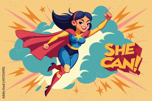 Dynamic illustration showcasing a powerful superheroine confidently flying forward with vibrant colors and a motivational message of empowerment.