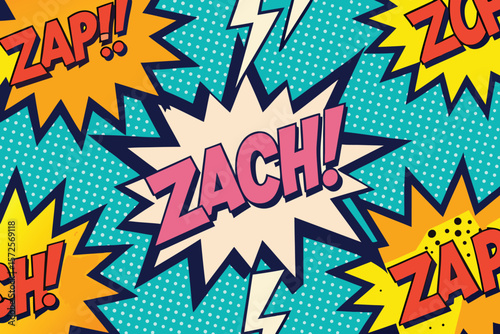 Dynamic pop art comic book style illustration with bold typography and exploding speech bubbles on a textured backdrop