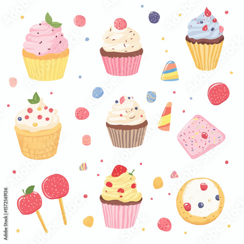 Charming pastel desserts set with cupcakes, ice cream, cookies and candies, perfect for cheerful seasonal decor, packaging, wall art and celebration prints.
