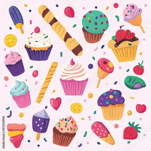 Colorful and playful desserts including cupcakes, cookies, candies and ice cream, perfect for festive packaging, birthday party supplies, greeting cards and cheerful children's designs.