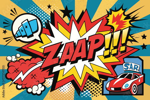 Dynamic pop art composition featuring a vibrant comic book style explosion with a red sports car and speech bubbles.