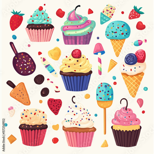 A playful set of sweet treats including cupcakes, cookies, candies and ice cream in soft pastel colors, perfect for packaging, greeting cards, wrapping paper and cheerful celebration designs