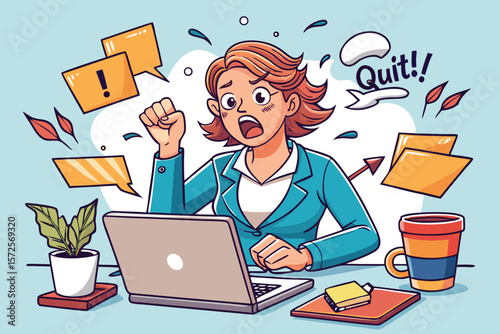 Overworked office employee expressing burnout with a fist in the air at her workstation next to laptop and saying quit.