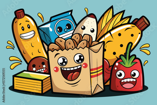 Playful and vibrant cartoon food characters including bananas milk packets bread bag and tomato with expressive and happy faces
