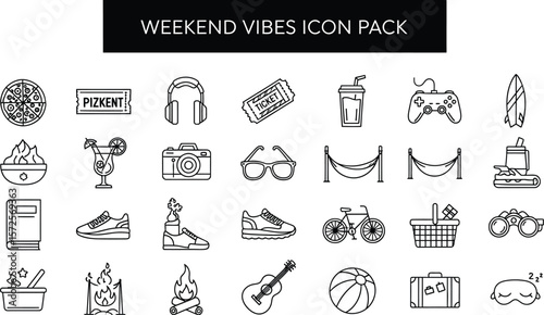 Line art icons depicting weekend activities and travel related illustrations