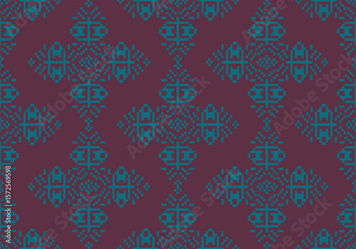 This pattern features symmetrical blue pixel motifs on a rich maroon background. The layout resembles stylized glyphs or symbols, offering a traditional aesthetic with a modern  twist.