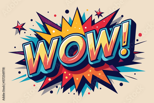 Vibrant pop art "wow" typography featuring bold colors explosive shapes and star elements on a neutral cream background.