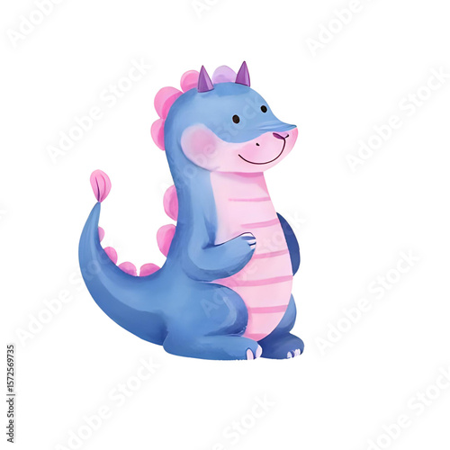 a single isolated pink and blue watercolor dragon with a cute smile