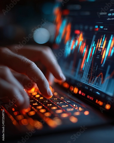 Analyzing financial data trends digital workspace infographic tech environment close-up view