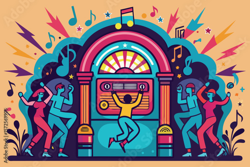 Vintage jukebox celebration with dancing figures capturing the energy of a retro party in a vibrant pop art style