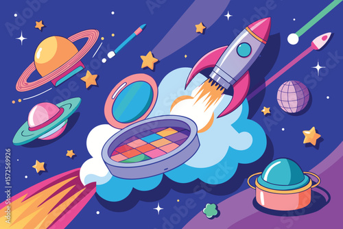 Whimsical space exploration illustration featuring planets stars rocket ship and playful pop art elements on a transparent background