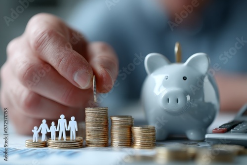 Investment planning saving coins into a piggy bank home office financial growth close-up view