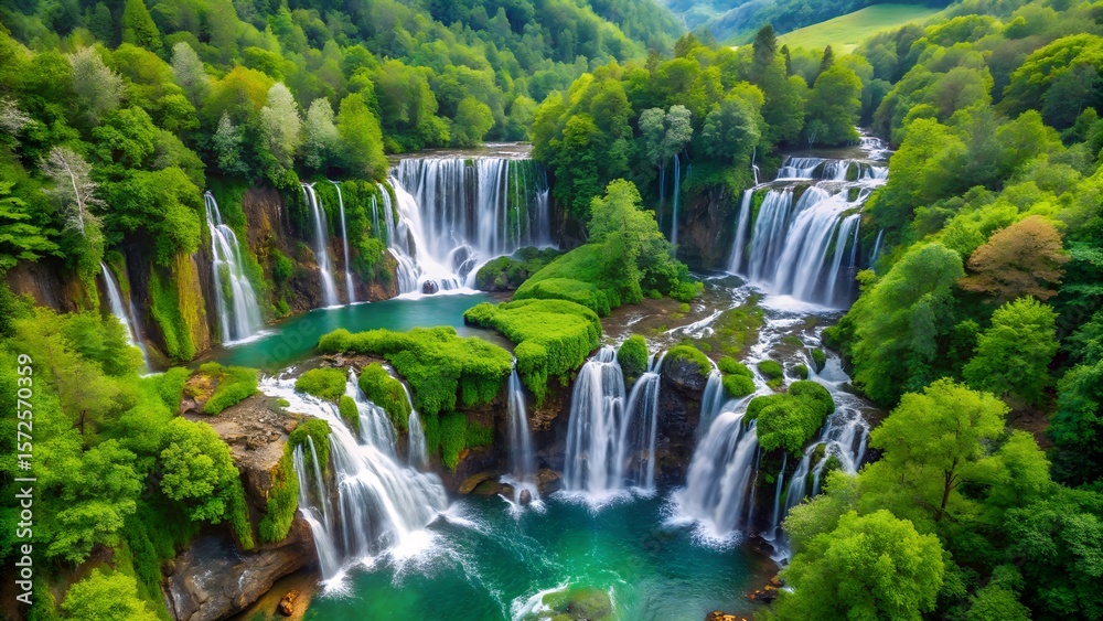 Obraz premium Photo of a breathtaking aerial view captures the stunning beauty of numerous pristine waterfalls cascading down lush green slopes, surrounded by vibrant foliage