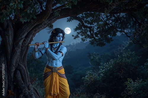 Krishna lord flute music tree moonlight hindu deity spiritual night scene peaceful religious artwork illustration
