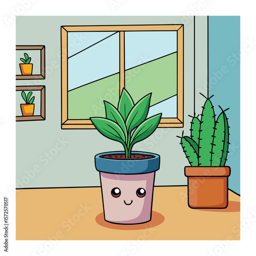 Cute Cartoon Indoor Plants in Potted Design Illustration