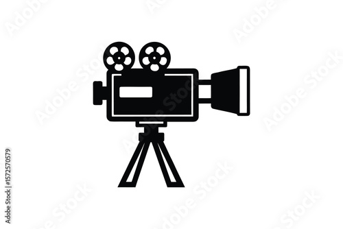 Classic Film Camera on Tripod in Black Silhouette