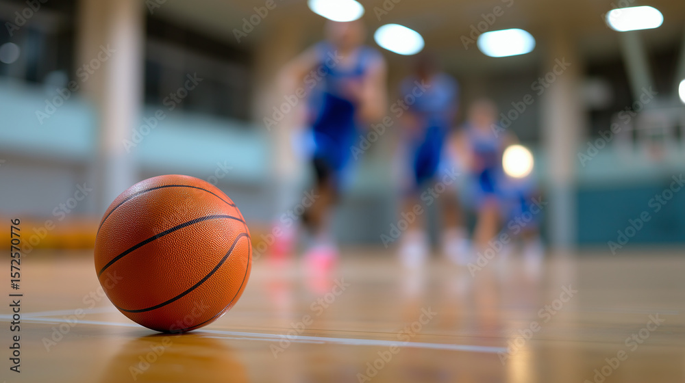 Obraz premium Close-up of a basketball on a gym floor with blurred players running in the background.